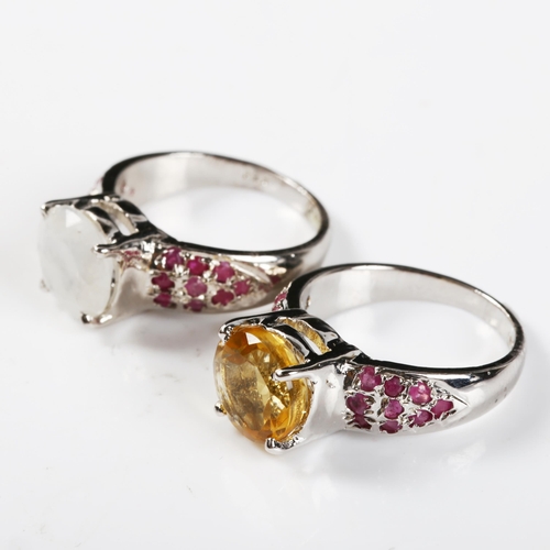 335 - 2 modern silver stone set rings, gemstones include moonstone citrine and ruby, sizes O and P, 11.6g ... 