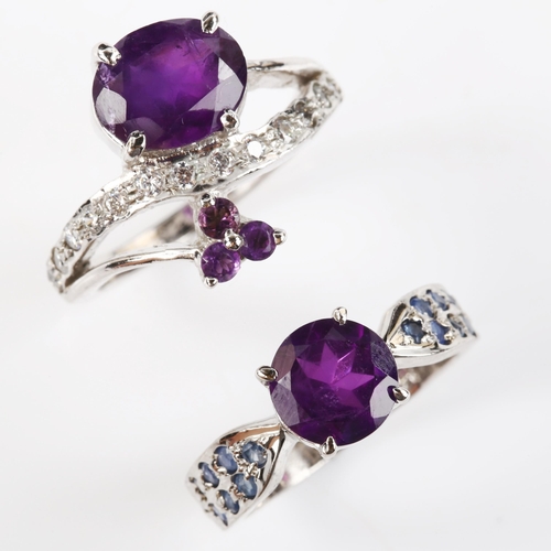 336 - 2 modern silver amethyst rings, gemstones include diamond and sapphire, sizes N and P, 9.2g total (2... 