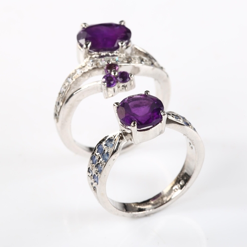 336 - 2 modern silver amethyst rings, gemstones include diamond and sapphire, sizes N and P, 9.2g total (2... 