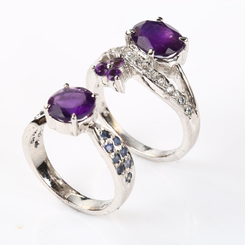 336 - 2 modern silver amethyst rings, gemstones include diamond and sapphire, sizes N and P, 9.2g total (2... 