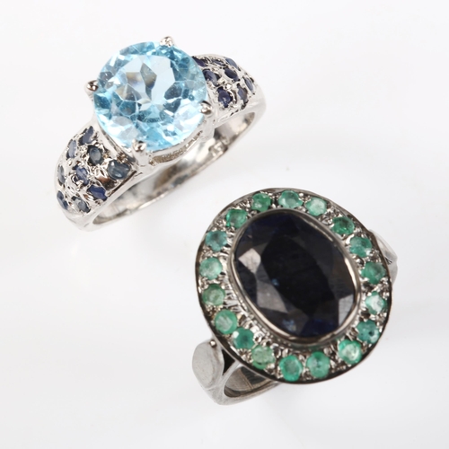 337 - 2 modern silver stone set rings, gemstones include sapphire emerald and topaz, both size N, 12.2g to... 