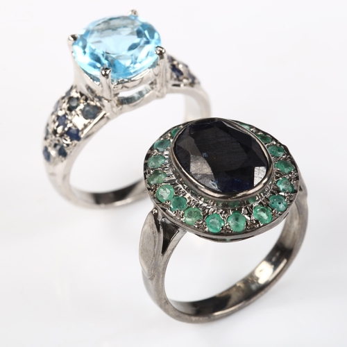 337 - 2 modern silver stone set rings, gemstones include sapphire emerald and topaz, both size N, 12.2g to... 