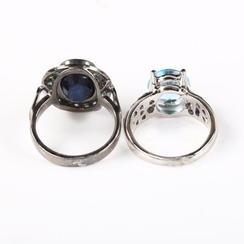 337 - 2 modern silver stone set rings, gemstones include sapphire emerald and topaz, both size N, 12.2g to... 