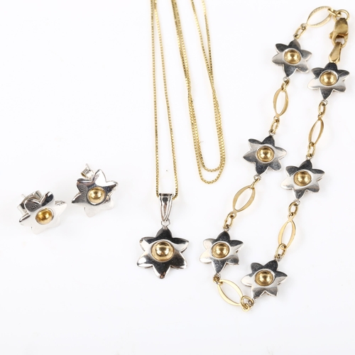 338 - A modern 9ct two-colour gold flowerhead demi-parure, comprising pendant necklace, bracelet and pair ... 