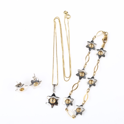 338 - A modern 9ct two-colour gold flowerhead demi-parure, comprising pendant necklace, bracelet and pair ... 