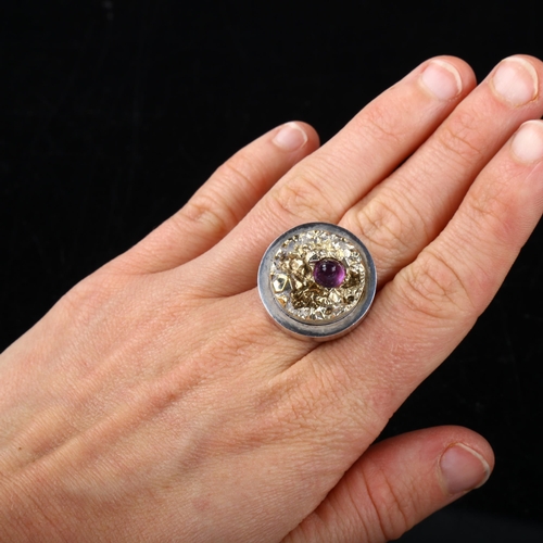 343 - 2 Danish stylised sterling silver modernist abstract rings, including amethyst example by Hermann Si... 