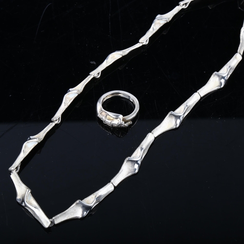 347 - A Danish sterling silver modernist abstract panel necklace and ring, necklace length 41cm, ring size... 