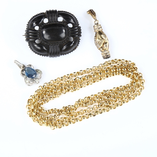 349 - Various jewellery, comprising unmarked gold clasped hands clasp, gold plated belcher link chain neck... 