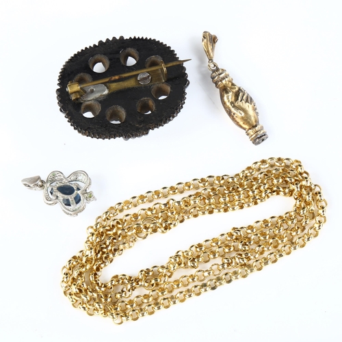 349 - Various jewellery, comprising unmarked gold clasped hands clasp, gold plated belcher link chain neck... 