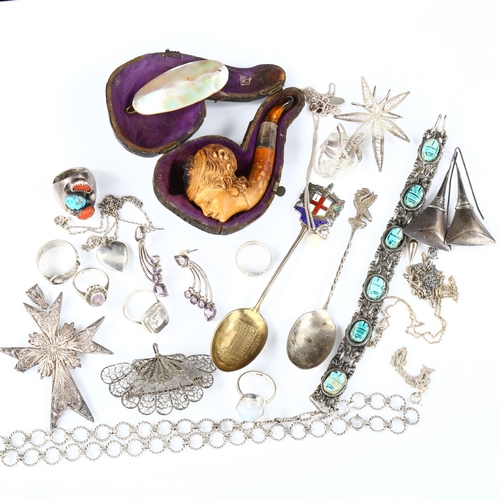 350 - Various jewellery and silver, including filigree, souvenir spoon, Meerschaum pipe etc