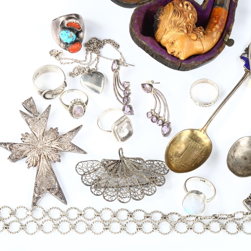 350 - Various jewellery and silver, including filigree, souvenir spoon, Meerschaum pipe etc