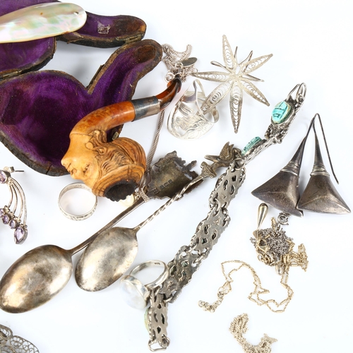 350 - Various jewellery and silver, including filigree, souvenir spoon, Meerschaum pipe etc