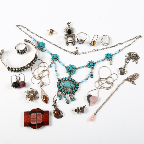 351 - Various silver and jewellery, including chair pendant, amber earrings, turquoise bangle and ring etc