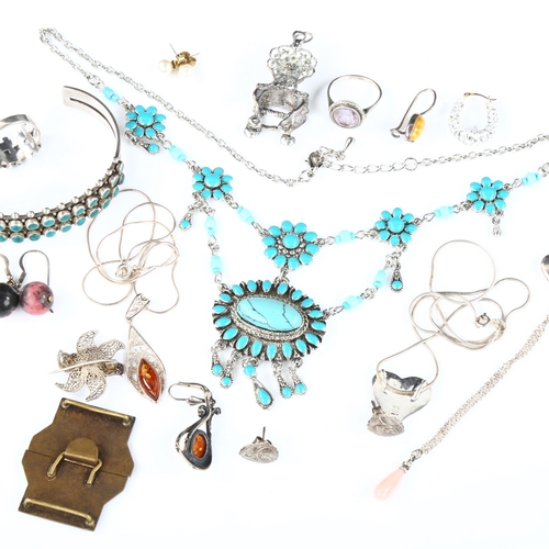 351 - Various silver and jewellery, including chair pendant, amber earrings, turquoise bangle and ring etc