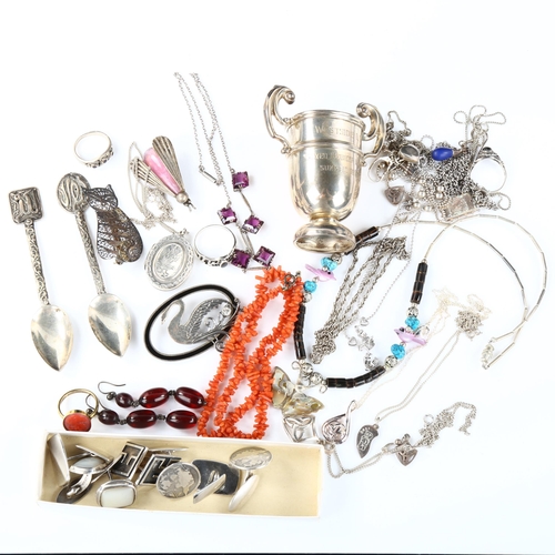 352 - Various silver and jewellery, including Victorian locket necklace, cufflinks, miniature trophy etc