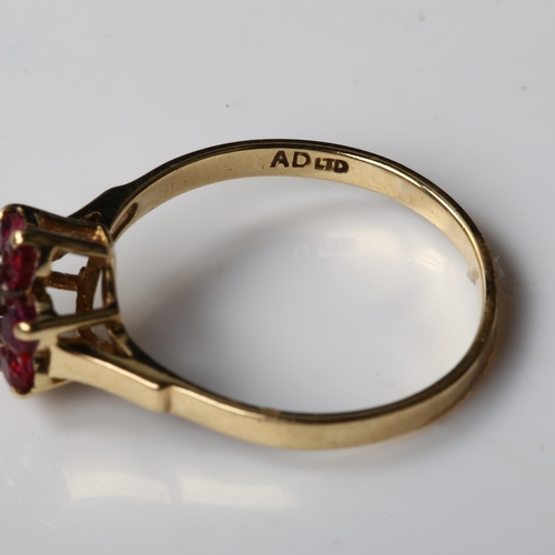 370 - A modern 9ct gold ruby and diamond flowerhead cluster ring, setting height 9.1mm, size N, 1.5g