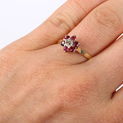 370 - A modern 9ct gold ruby and diamond flowerhead cluster ring, setting height 9.1mm, size N, 1.5g