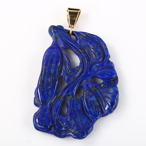 373 - A large carved lapis lazuli pendant, with unmarked gold mount, pendant height 56mm, 9g