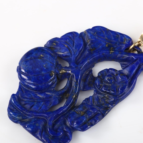 373 - A large carved lapis lazuli pendant, with unmarked gold mount, pendant height 56mm, 9g