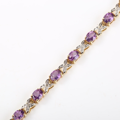 374 - A modern 9ct gold amethyst and diamond tennis bracelet, length 17cm, 5.8g