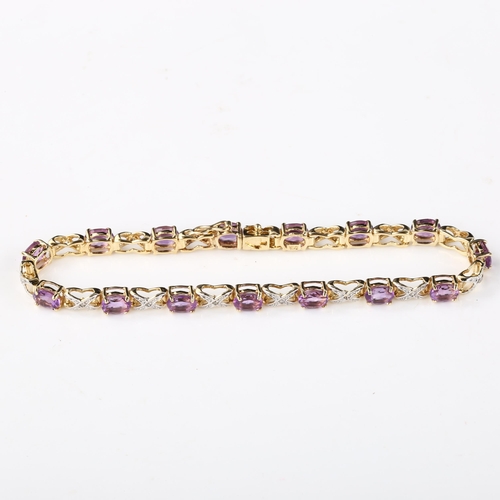 374 - A modern 9ct gold amethyst and diamond tennis bracelet, length 17cm, 5.8g