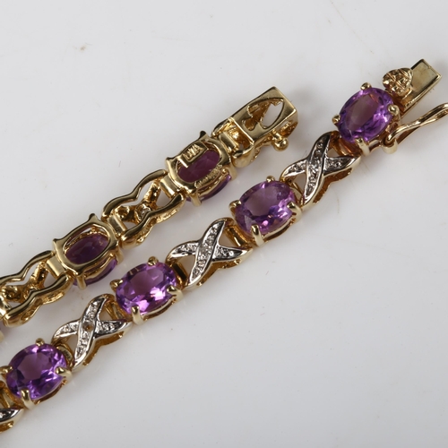 374 - A modern 9ct gold amethyst and diamond tennis bracelet, length 17cm, 5.8g