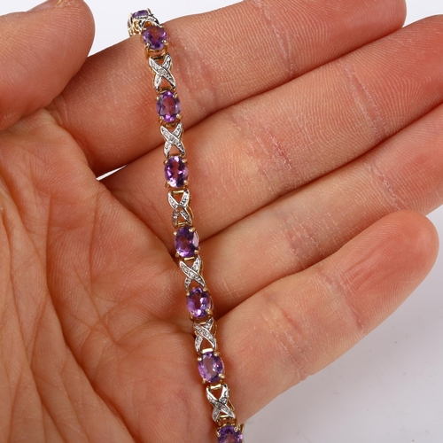 374 - A modern 9ct gold amethyst and diamond tennis bracelet, length 17cm, 5.8g