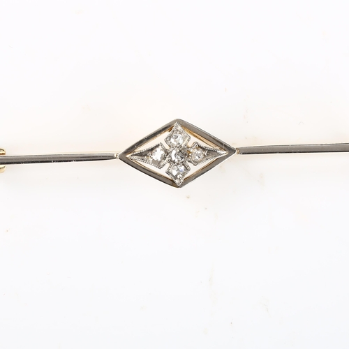 379 - An early 20th century 15ct gold diamond bar brooch, platinum-top settings with single-cut diamonds, ... 