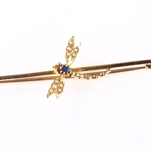 380 - An early 20th century 9ct gold sapphire and pearl figural dragonfly bar brooch, brooch length 52mm, ... 