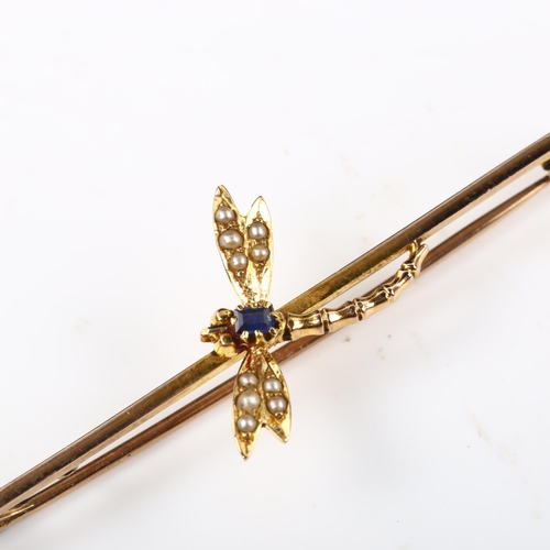 380 - An early 20th century 9ct gold sapphire and pearl figural dragonfly bar brooch, brooch length 52mm, ... 