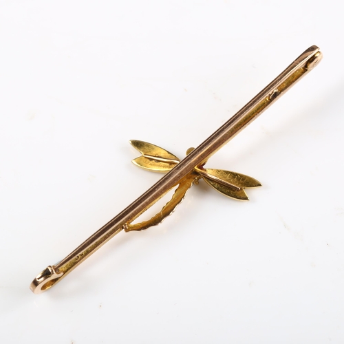 380 - An early 20th century 9ct gold sapphire and pearl figural dragonfly bar brooch, brooch length 52mm, ... 