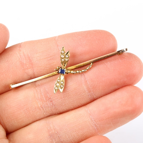 380 - An early 20th century 9ct gold sapphire and pearl figural dragonfly bar brooch, brooch length 52mm, ... 