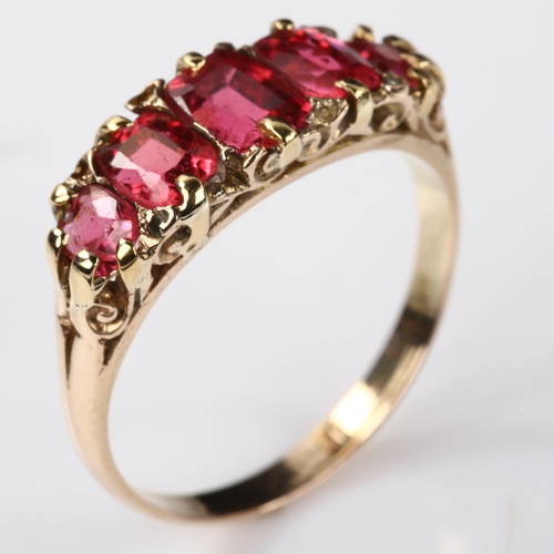 382 - A 14ct rose gold graduated five stone rubellite half hoop ring, setting height 7.5mm, size R, 3.1g