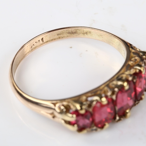 382 - A 14ct rose gold graduated five stone rubellite half hoop ring, setting height 7.5mm, size R, 3.1g