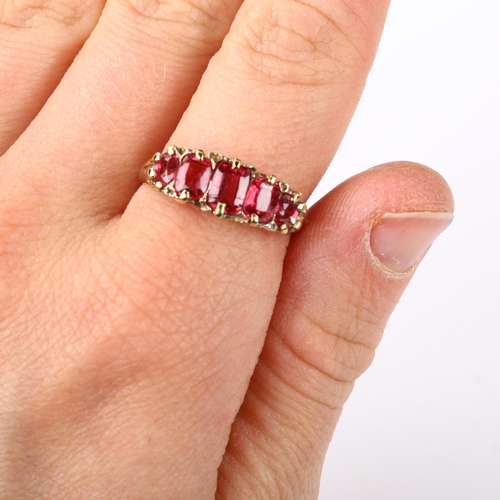 382 - A 14ct rose gold graduated five stone rubellite half hoop ring, setting height 7.5mm, size R, 3.1g