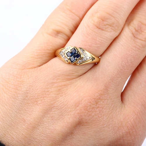 383 - A modern 18ct gold sapphire and diamond dress ring, setting height 8mm, size O, 3.5g