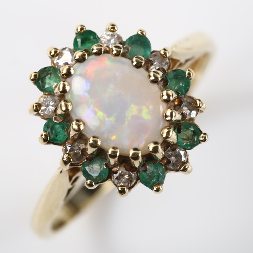 385 - A modern 9ct gold opal emerald and diamond oval cluster ring, setting height 13mm, size N, 2.3g