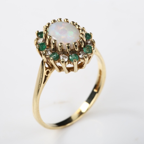 385 - A modern 9ct gold opal emerald and diamond oval cluster ring, setting height 13mm, size N, 2.3g