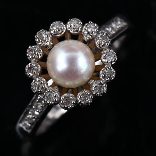 393 - A late 20th century white gold cultured pearl and diamond cluster ring, set with single-cut diamonds... 