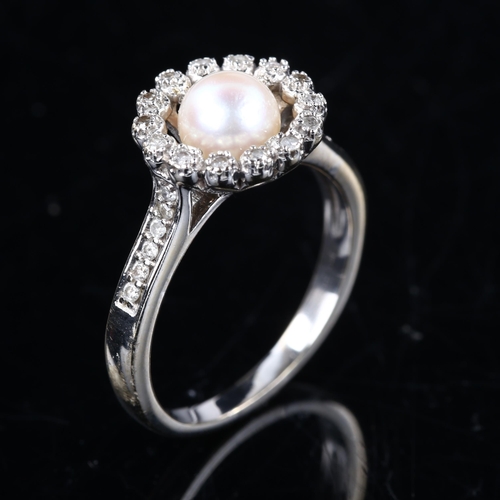 393 - A late 20th century white gold cultured pearl and diamond cluster ring, set with single-cut diamonds... 