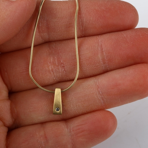 394 - A modern 18ct gold solitaire diamond pendant necklace, on 9ct snake link chain, pendant height 10.7m... 