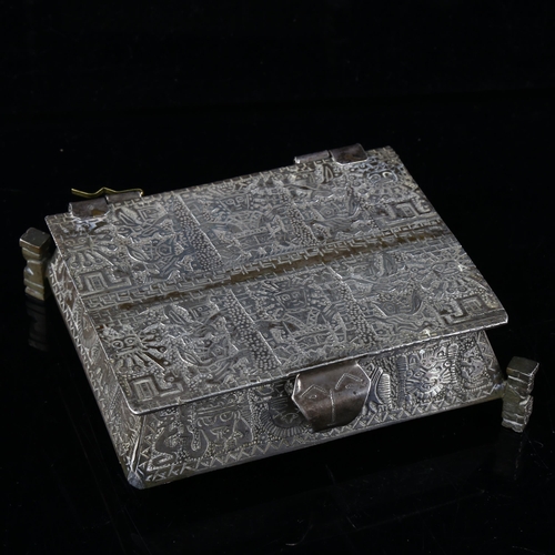 406 - A Peruvian silver Aztec casket, allover engraved decoration with totem legs, marked Peru 900, width ... 