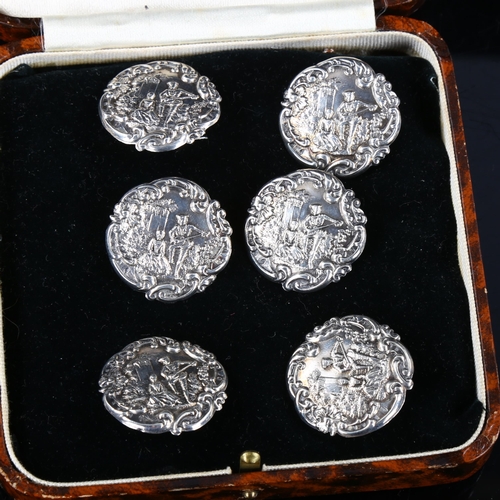 418 - A set of 6 Edwardian silver buttons, relief embossed lover decoration, by Levi & Salaman, hallmarks ... 