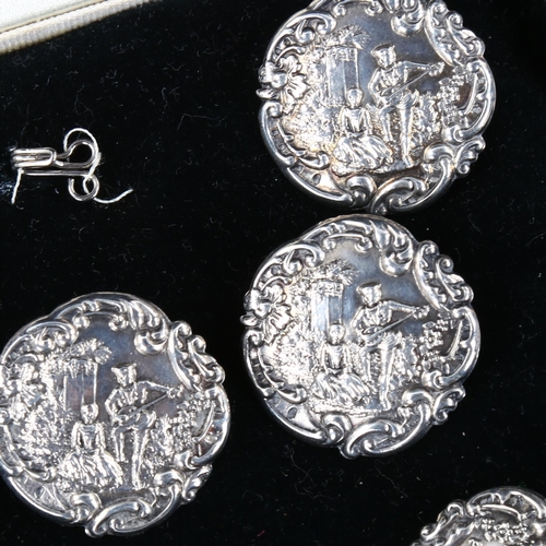 418 - A set of 6 Edwardian silver buttons, relief embossed lover decoration, by Levi & Salaman, hallmarks ... 