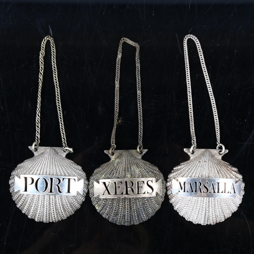 421 - A set of 3 George III cast-silver shell wine decanter labels, comprising Xeres, Marsalla and Port, b... 