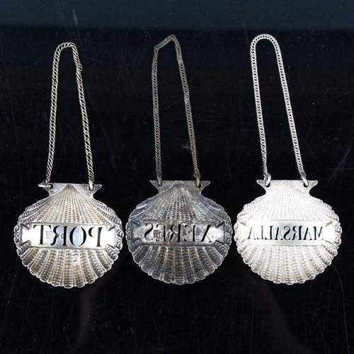 421 - A set of 3 George III cast-silver shell wine decanter labels, comprising Xeres, Marsalla and Port, b... 