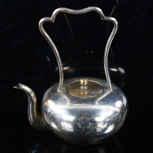 424 - A Chinese silver plated bachelor's kettle, engraved character mark decoration, height 14cm