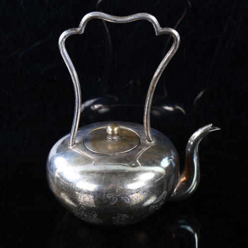 424 - A Chinese silver plated bachelor's kettle, engraved character mark decoration, height 14cm