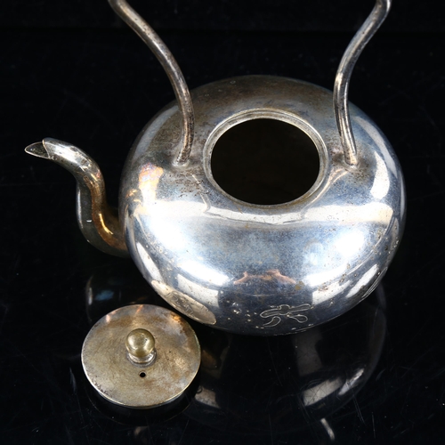 424 - A Chinese silver plated bachelor's kettle, engraved character mark decoration, height 14cm