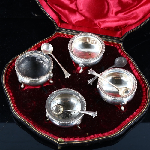 430 - An Edwardian silver 4-piece salt cellar cruet set, bulbous circular form with gadrooned rims and Alb... 